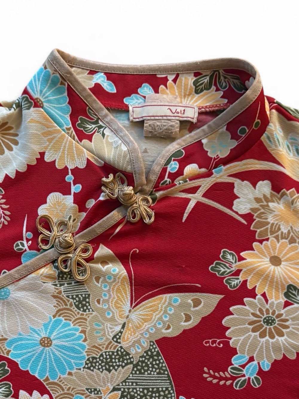 Vintage Red Floral Asian-Inspired Traditional Long Sleeve Top